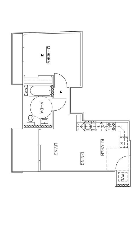 A floor plan of a house with a kitchen, dining area, and a living room.